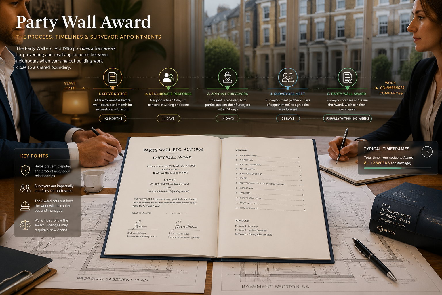 Detailed () showing a formal party wall award document spread open on a desk with architectural basement drawings, timeline