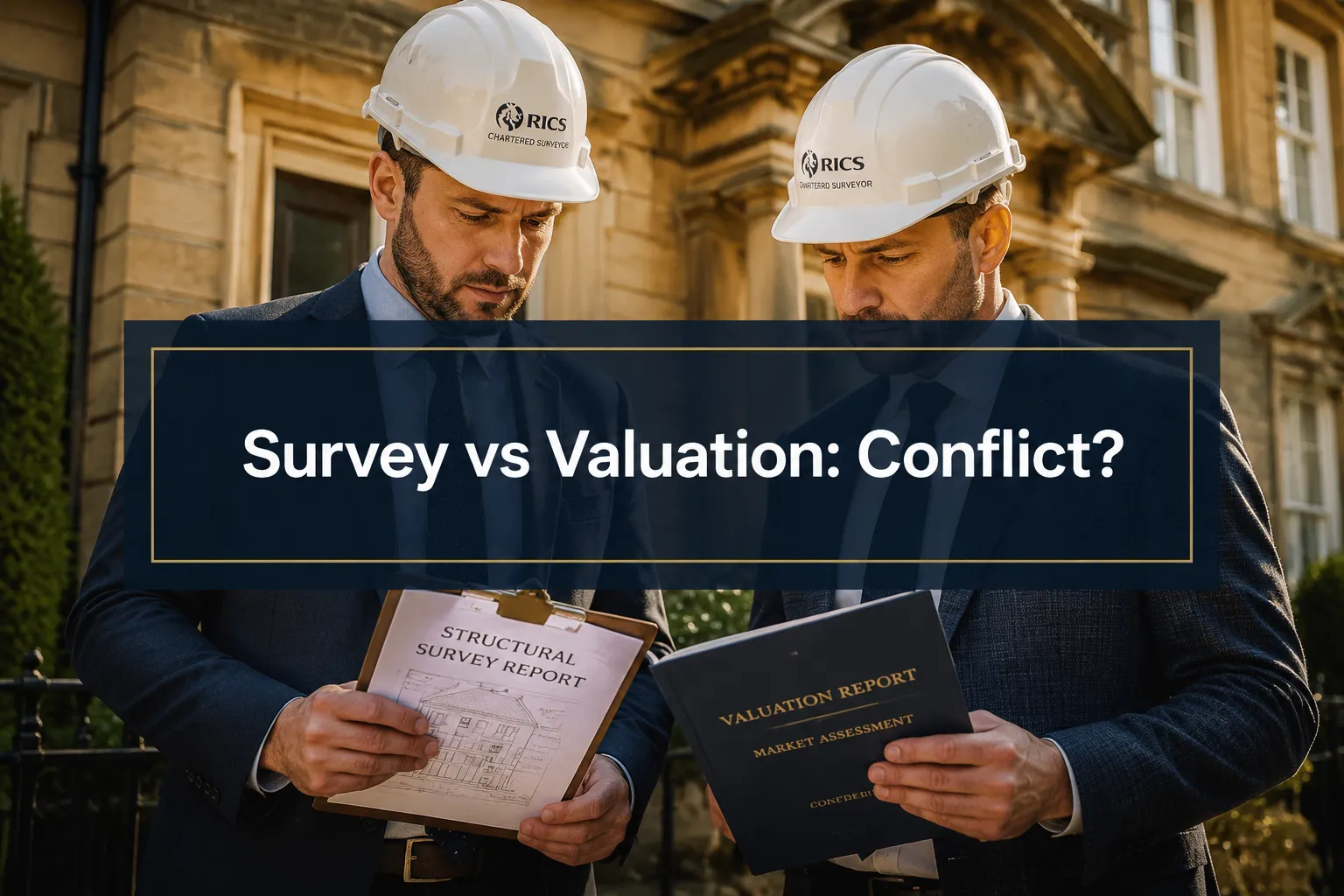 Professional () hero image with (≤42 chars): 'Survey vs Valuation: Conflict?' in crisp white on a deep navy semi-transparent