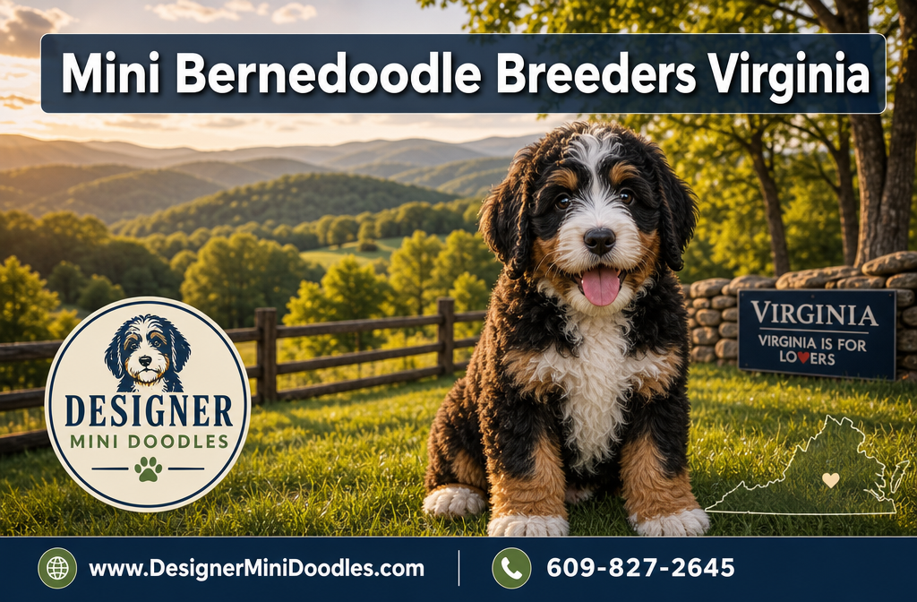 Professional () hero image with : 'Mini Bernedoodle Breeders Virginia' in white with dark drop , centered in upper third