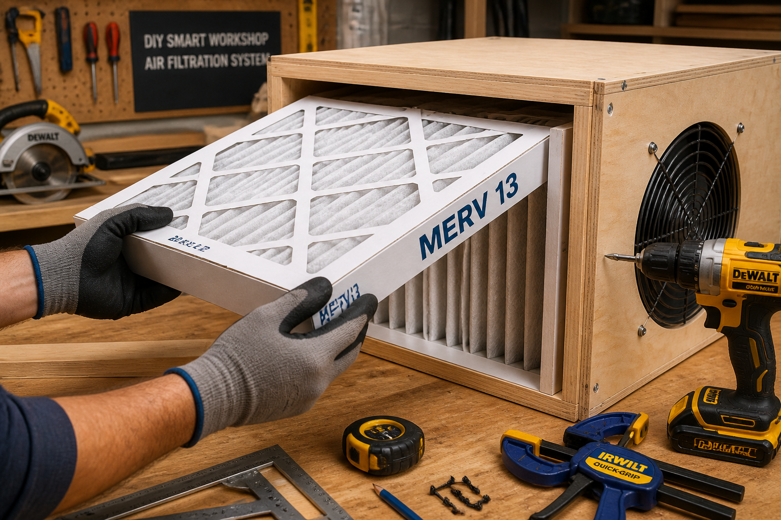 A close-up, dynamic landscape image illustrating the assembly process of the filtration unit within the DIY Smart Workshop