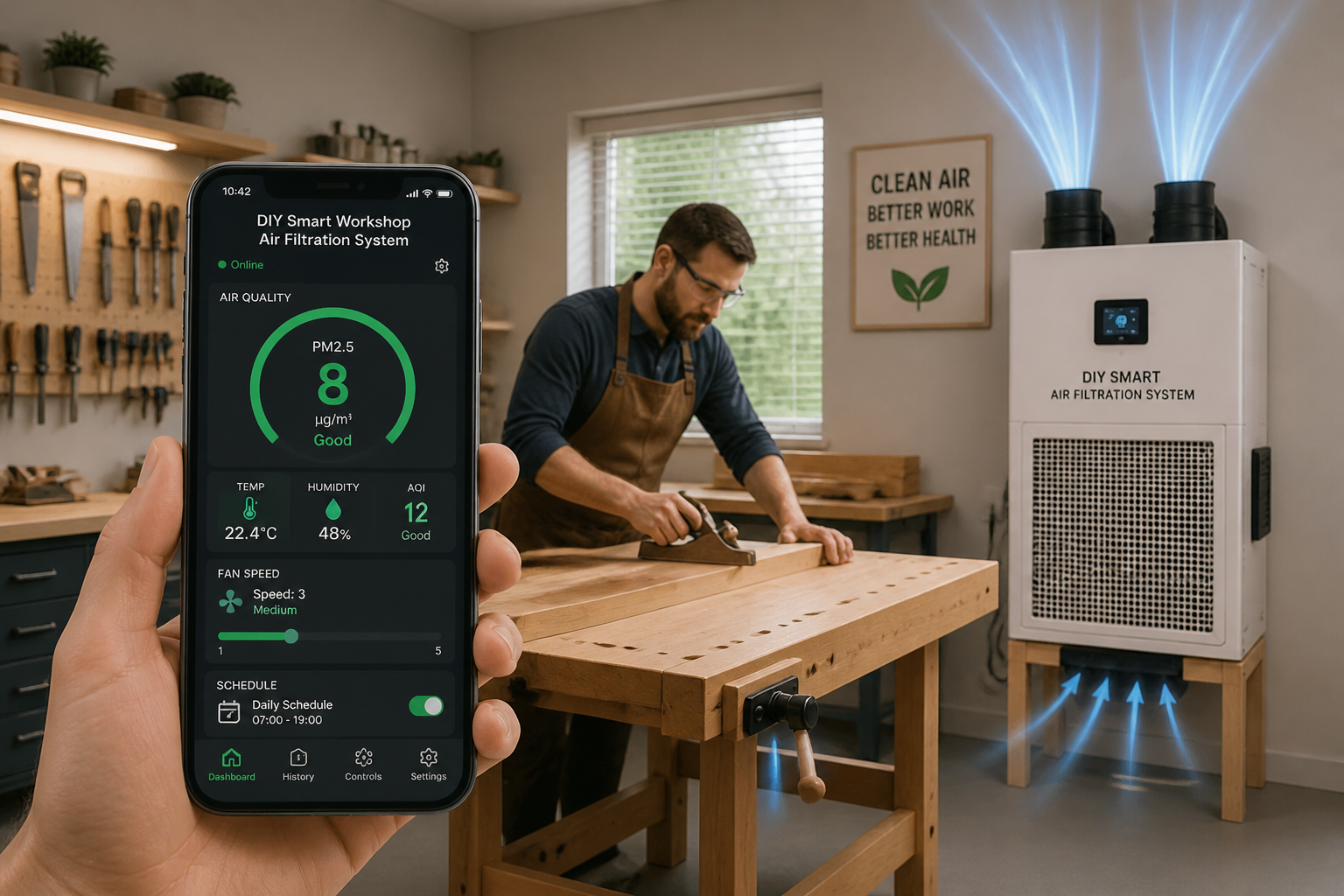 A compelling landscape image showcasing the automated operation of the DIY Smart Workshop Air Filtration System. A