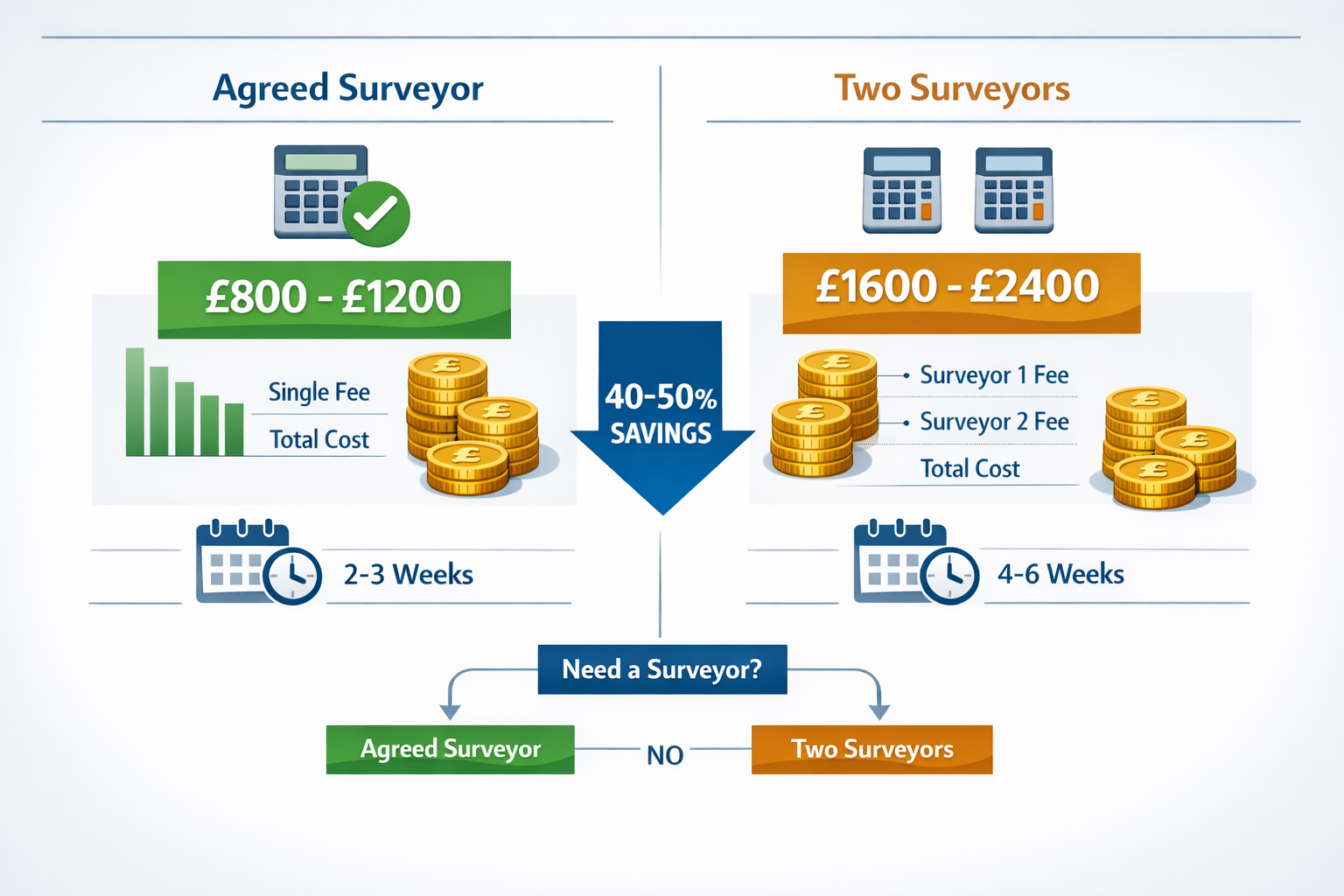 Detailed () infographic showing side-by-side cost comparison chart with two columns labeled 'Agreed Surveyor' and 'Two