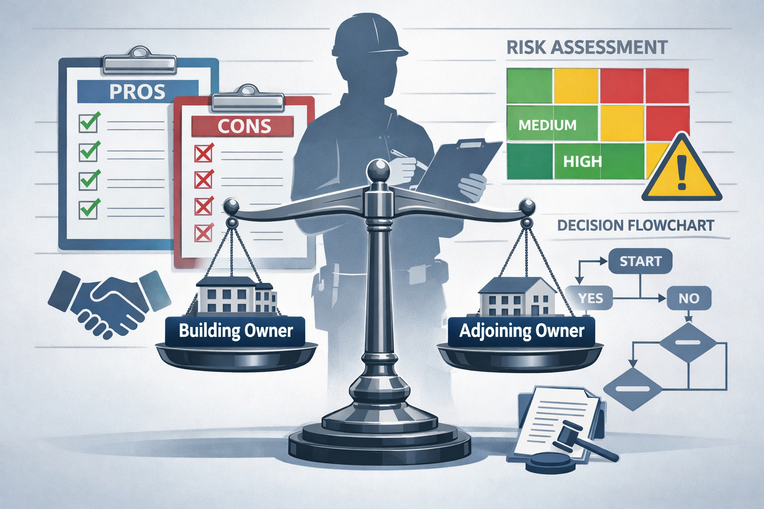 Detailed () conceptual illustration depicting impartiality and decision-making framework. Central image shows balanced
