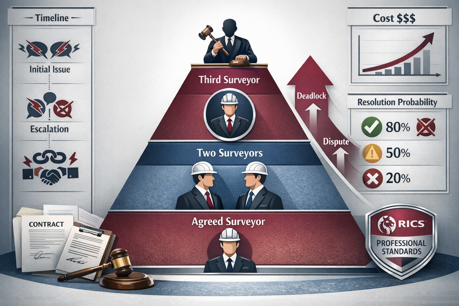 Detailed () illustration showing escalation process with three-tier pyramid structure. Bottom tier labeled 'Agreed Surveyor'