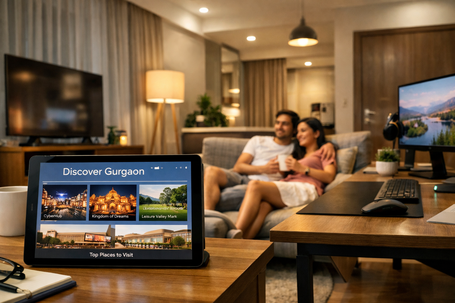 Detailed () image showing a stylish, fully private Airbnb living space in Gurgaon, emphasizing modern amenities like