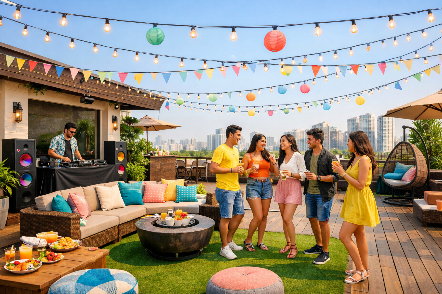 Detailed () image depicting a vibrant day party setup on a large, private terrace of an Airbnb in Gurgaon. The scene