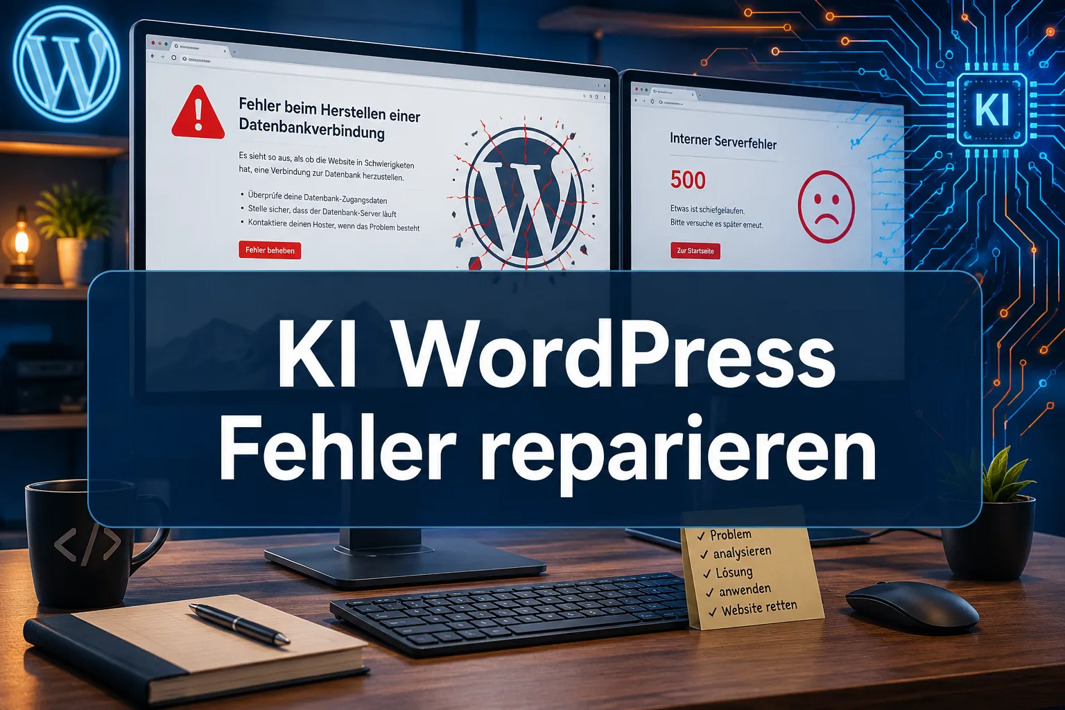 Professional () hero image with (≤42 chars): 'KI WordPress Fehler reparieren' in crisp white modern on a deep