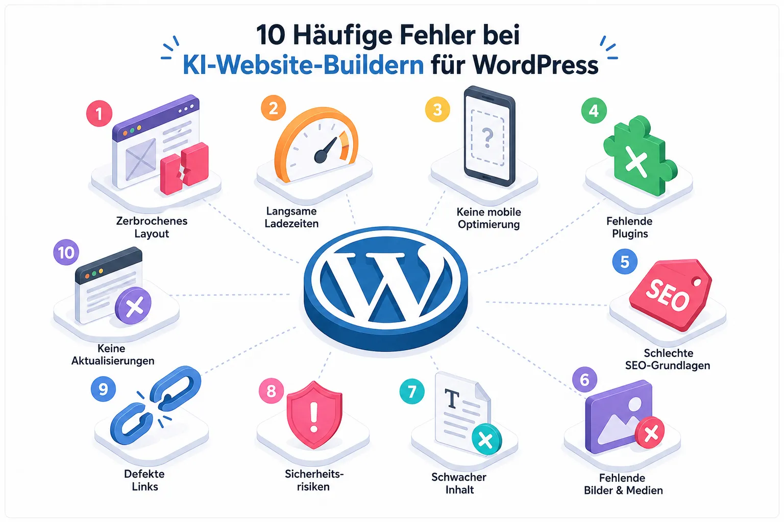 Isometric flat illustration showing 10 numbered warning icons floating around a stylized WordPress logo, each icon