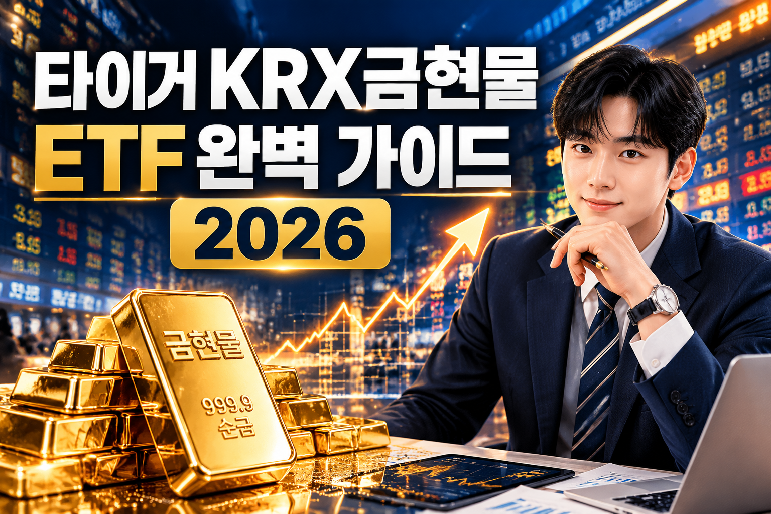 Professional () hero image featuring '타이거 KRX금현물 ETF 완벽 가이드 2026' in extra large white with deep effect, centered upper