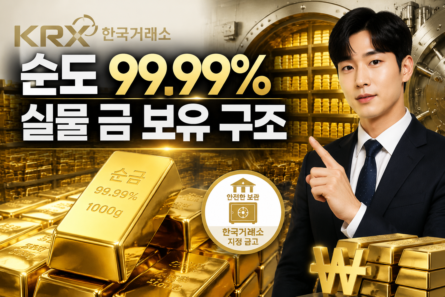 Detailed () showing a close-up of 99.99% pure gold bullion bars with KRX 한국거래소 logo watermark , text label '순도 99.99% 실물 금