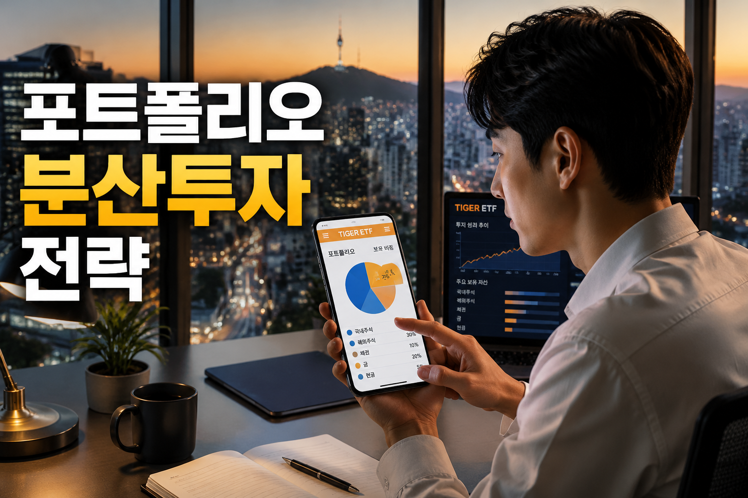 () showing a Korean retail investor at a modern desk viewing a mobile trading app with TIGER ETF interface, portfolio