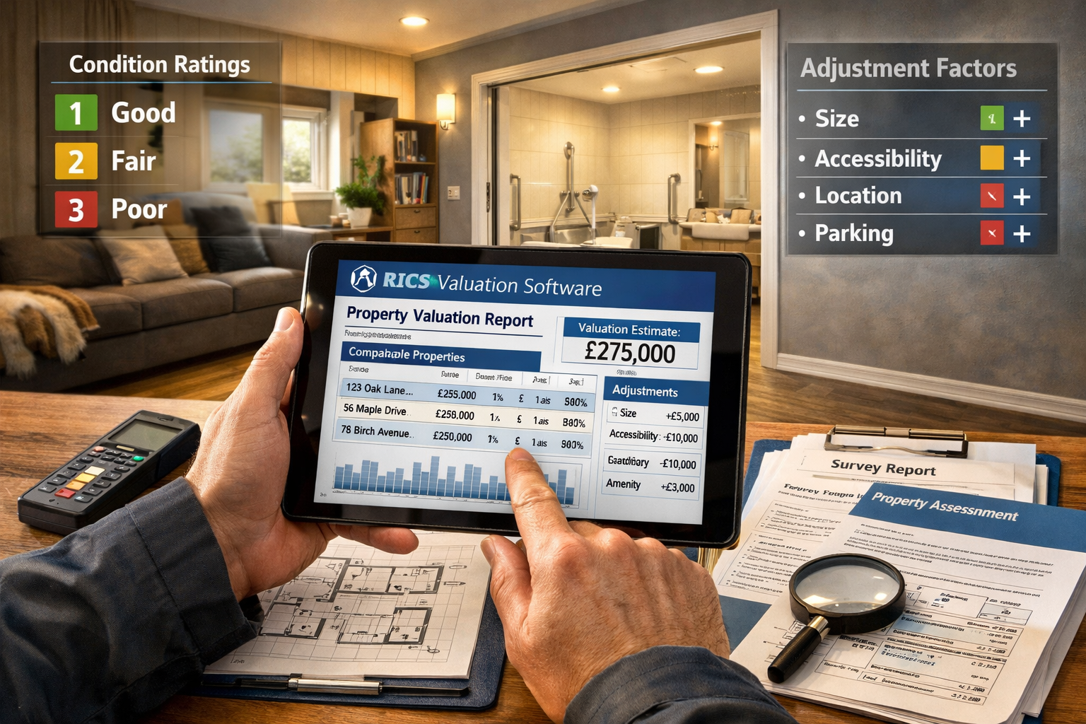 Detailed () image showing professional surveyor conducting comprehensive bungalow property assessment, close-up view of
