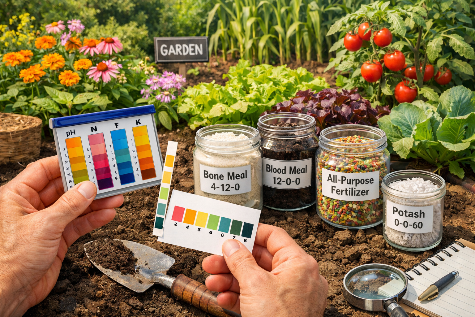A detailed, vibrant () image illustrating the process of soil testing and nutrient identification for plant fertilization in