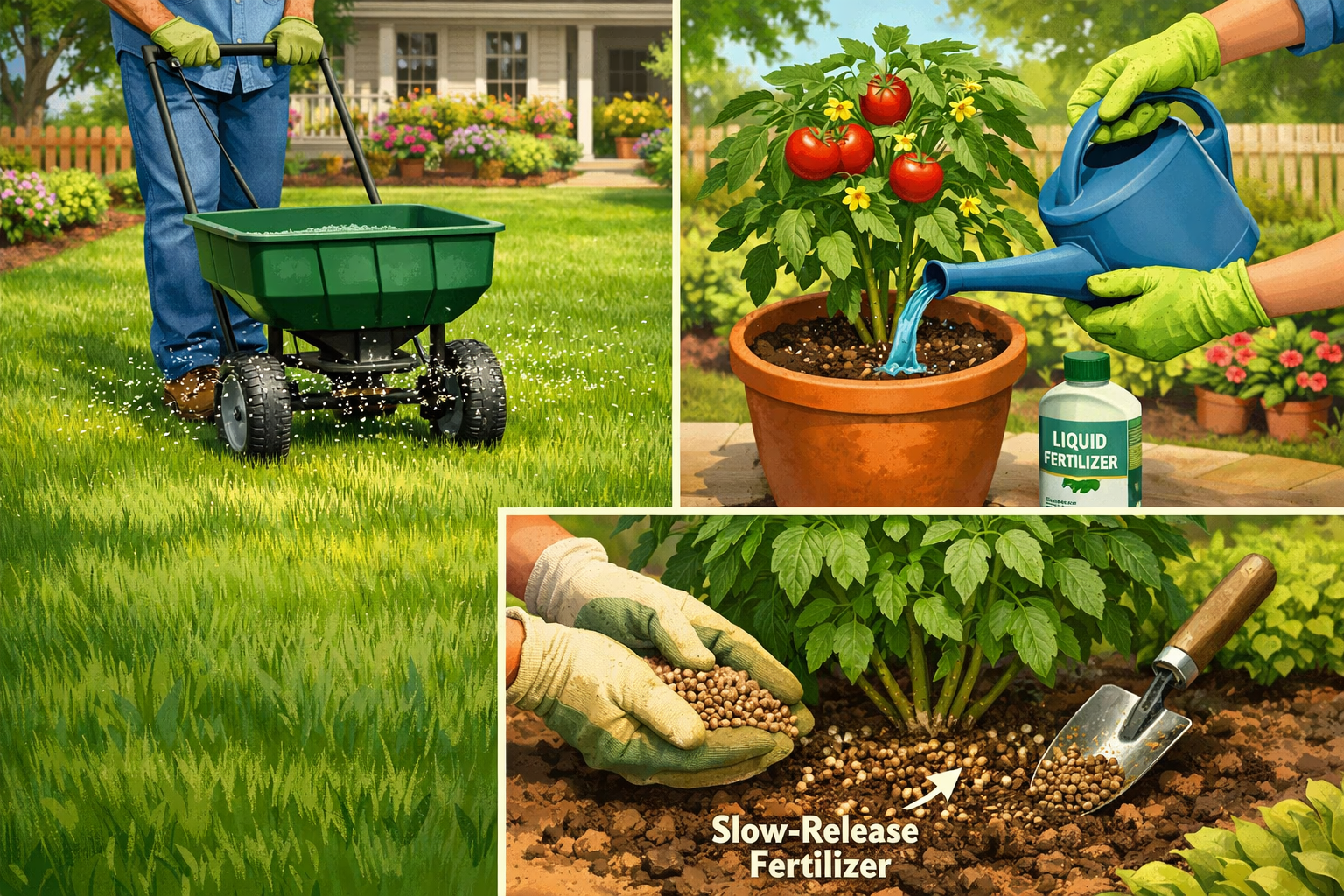 A dynamic, educational () image demonstrating correct fertilizer application methods in a typical American home garden. One