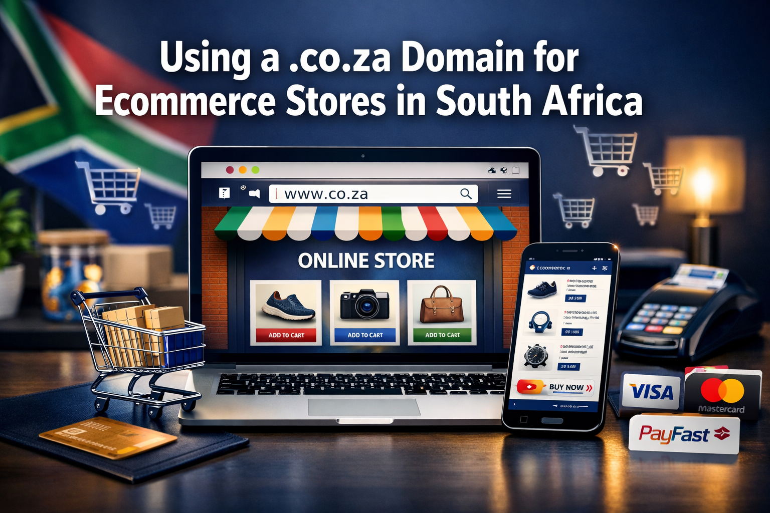 Professional landscape format (1536x1024) hero image featuring bold text overlay 'Using a .co.za Domain for Ecommerce Stores in South Africa
