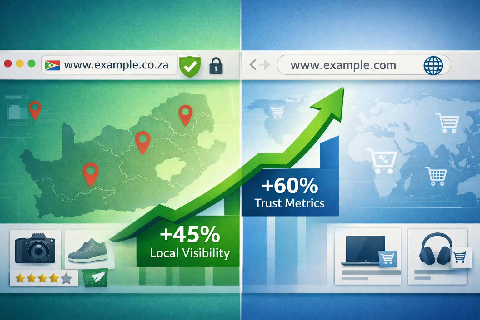 Landscape format (1536x1024) editorial image showing split-screen comparison: left side displays .co.za domain name in browser address bar w