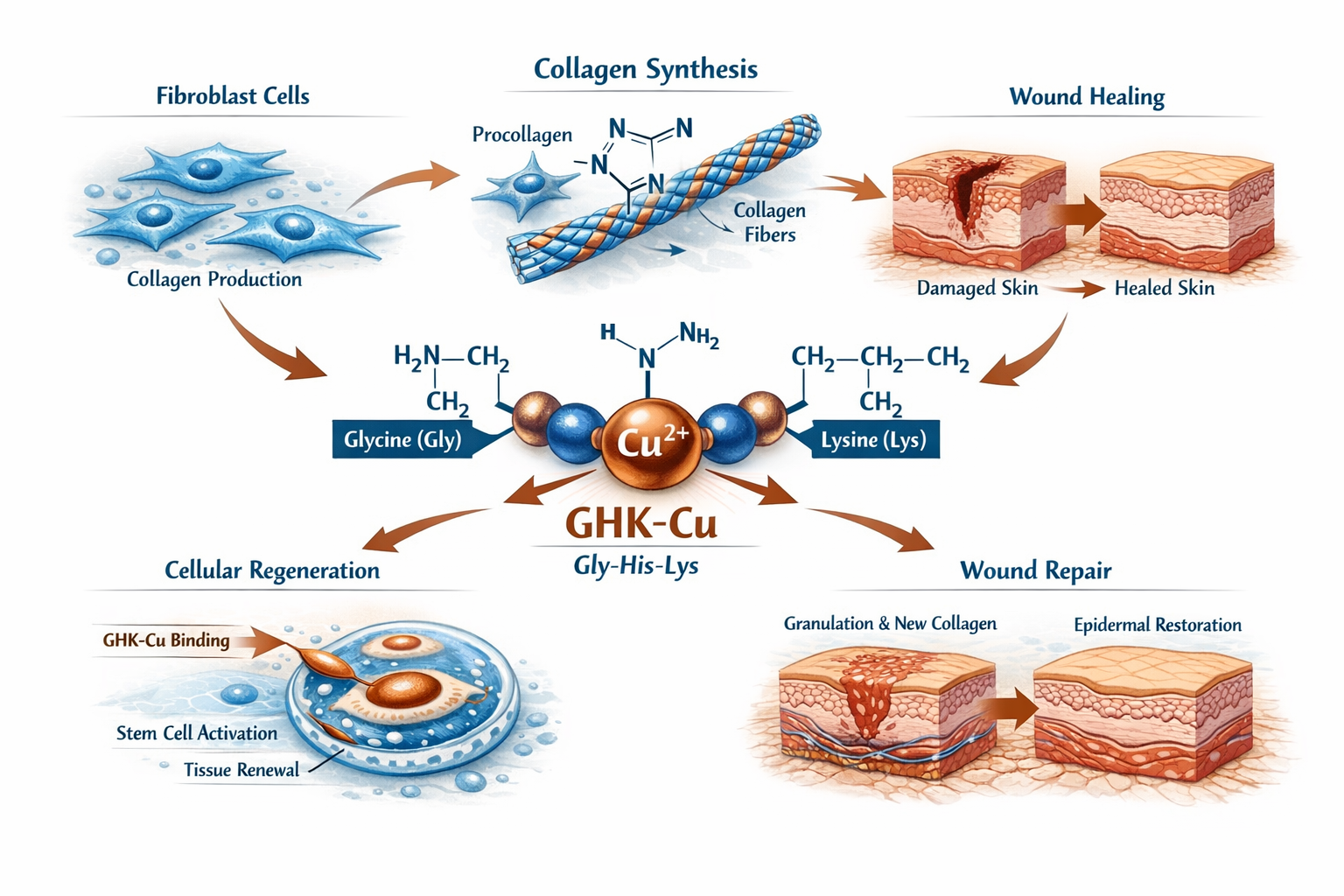 Detailed scientific illustration showing GHK-Cu molecular structure with copper ion at center, tripeptide chain clearly labeled with glycine