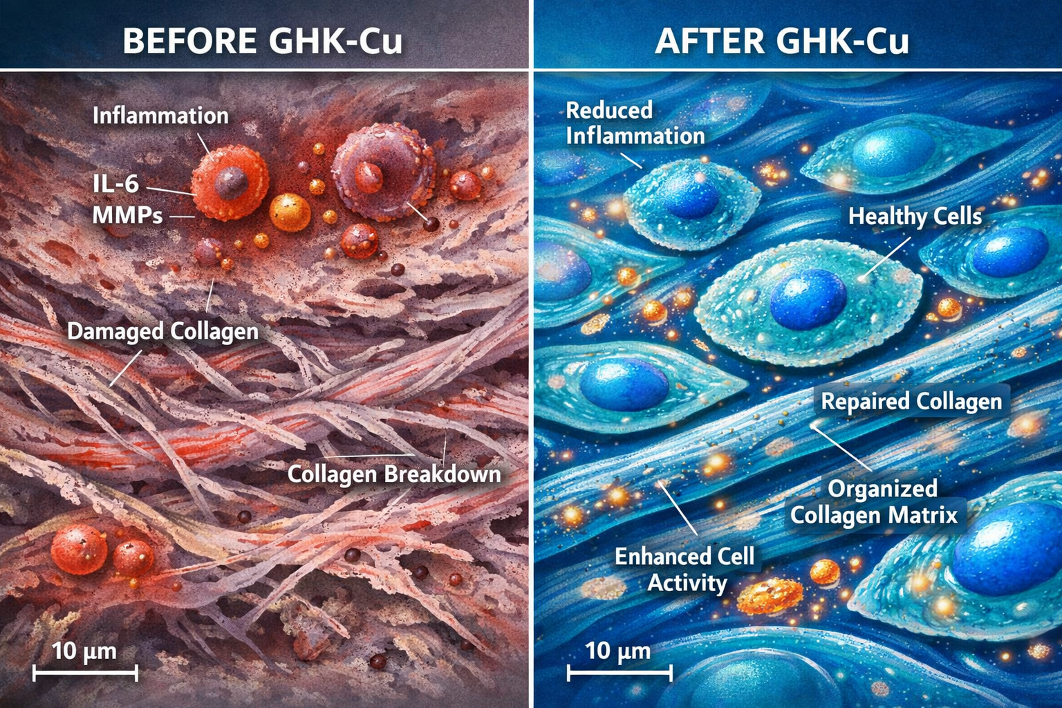 Split-screen comparison image showing before and after cellular effects of GHK-Cu copper peptide application. Left side displays damaged tis