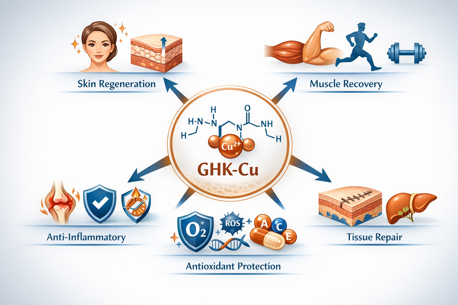 Comprehensive benefits diagram showing multiple body systems affected by GHK-Cu copper peptide including skin regeneration icons, muscle rec