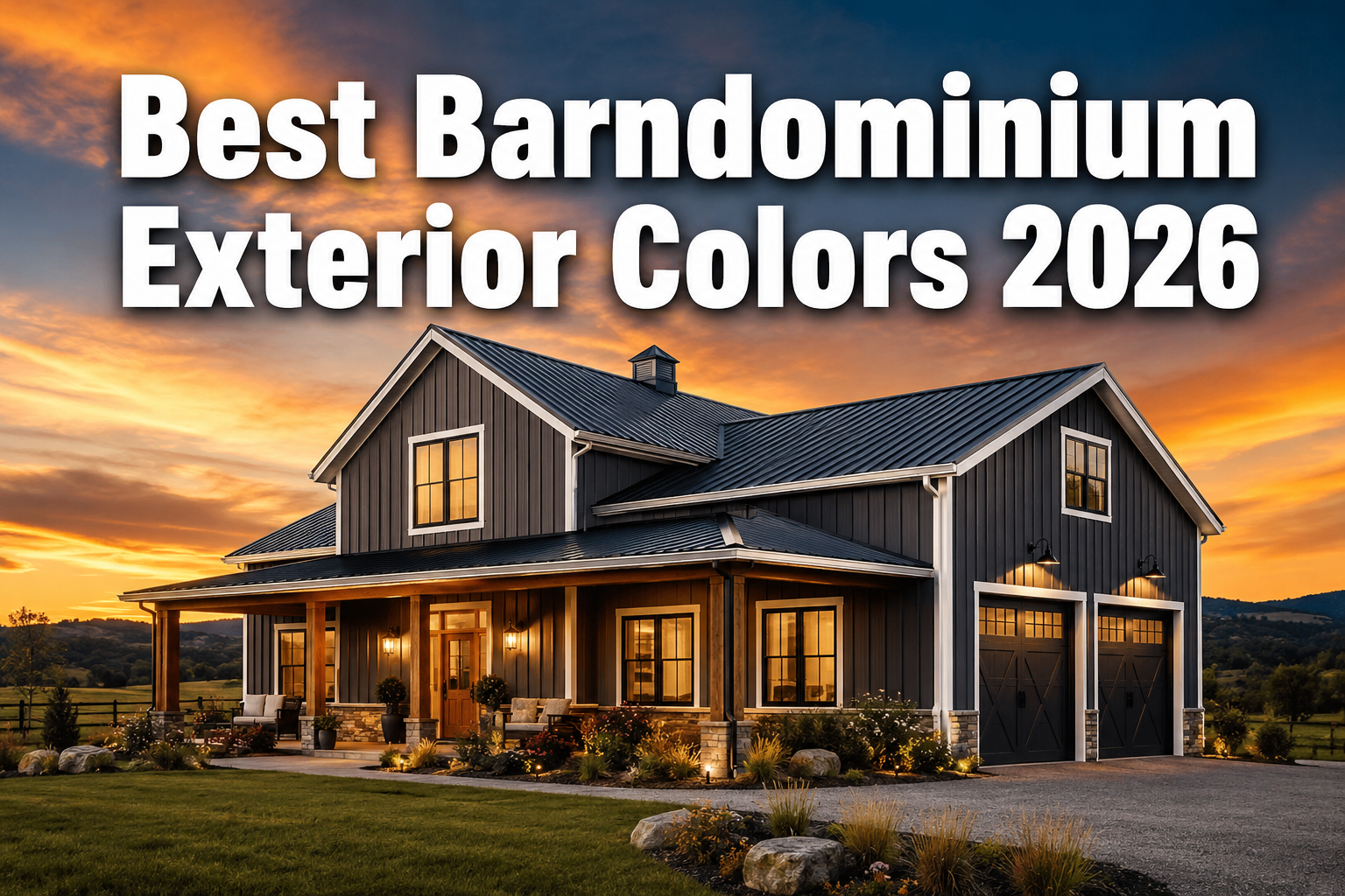 Professional () hero image with : 'Best Barndominium Exterior Colors 2026' in extra large white with dark drop , centered