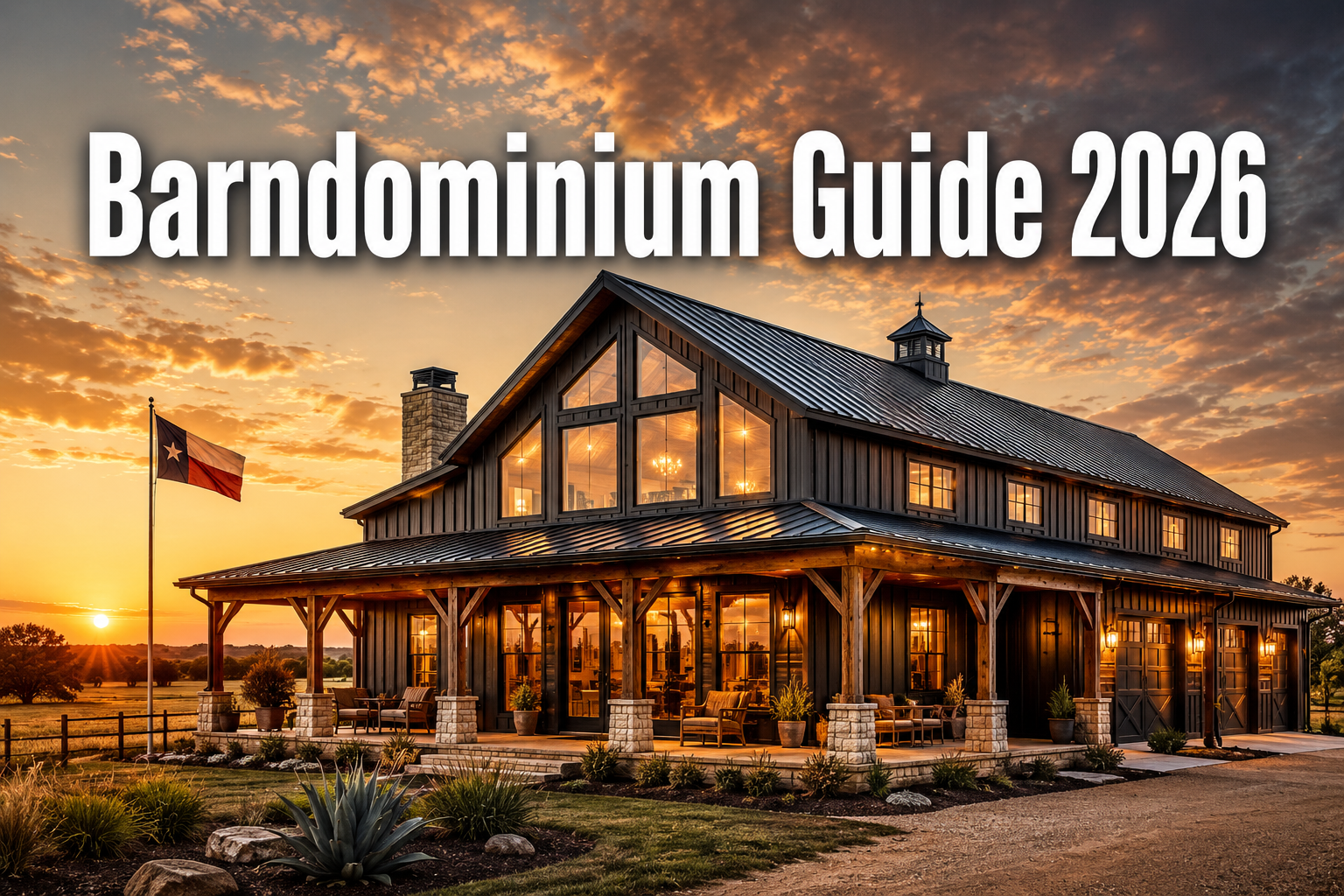 Professional () hero image with : 'Barndominium Guide 2026' in extra large white with dark drop , centered in upper third.