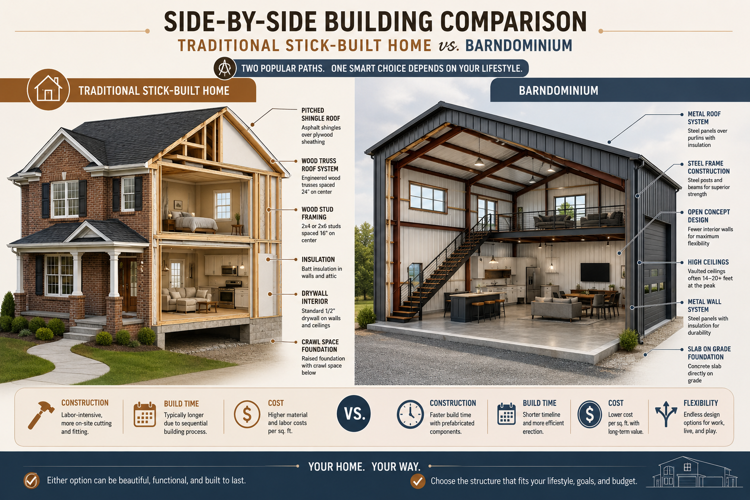 Detailed () editorial infographic showing a side-by-side architectural comparison between a traditional stick-built home and