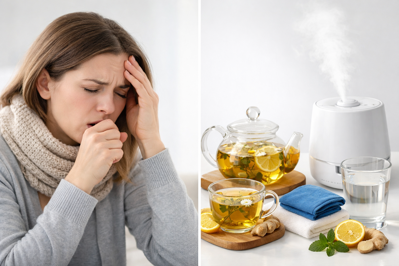 Professional medical hero image: split-screen showing person with cough and headache on left, and natural remedies (herbal