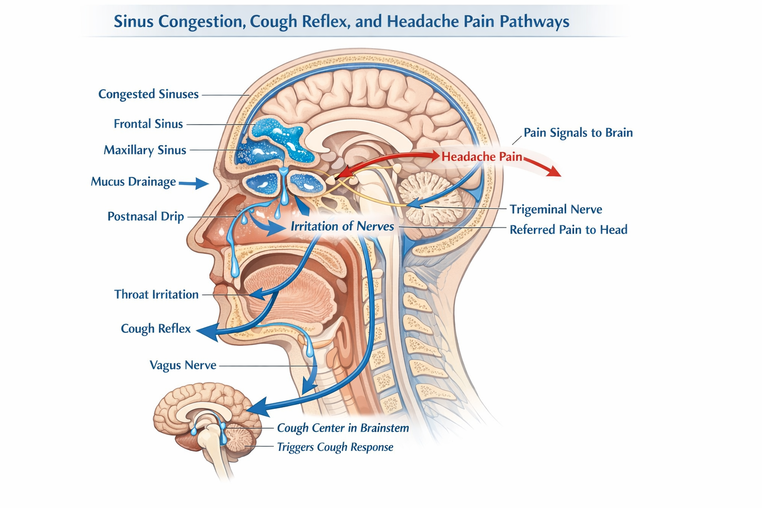 Detailed anatomical infographic showing the connection between sinus congestion, cough reflex, and headache pain pathways in