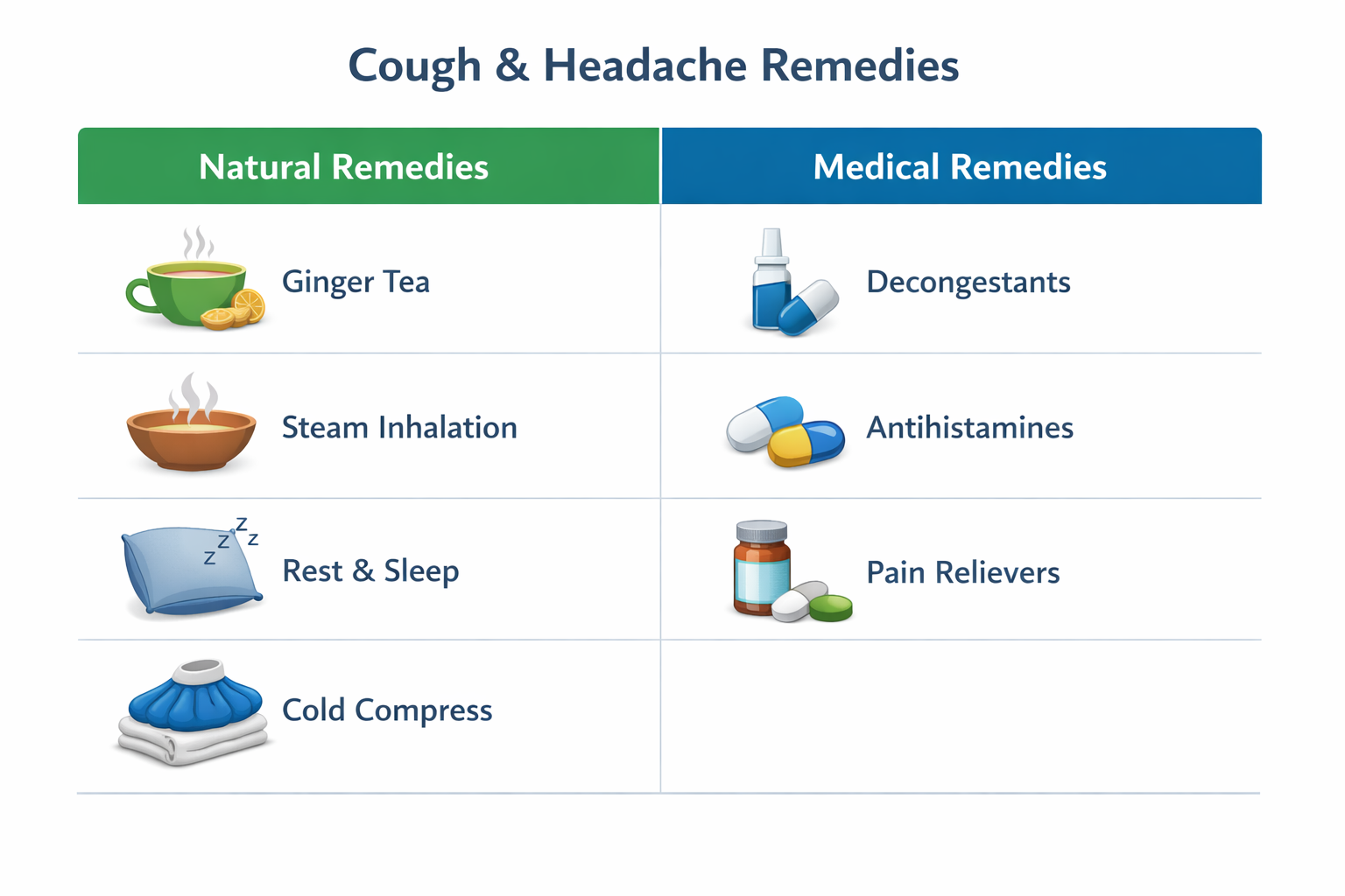 Comparison table graphic showing natural vs. medical remedies for cough and headache: two columns with icons, green for