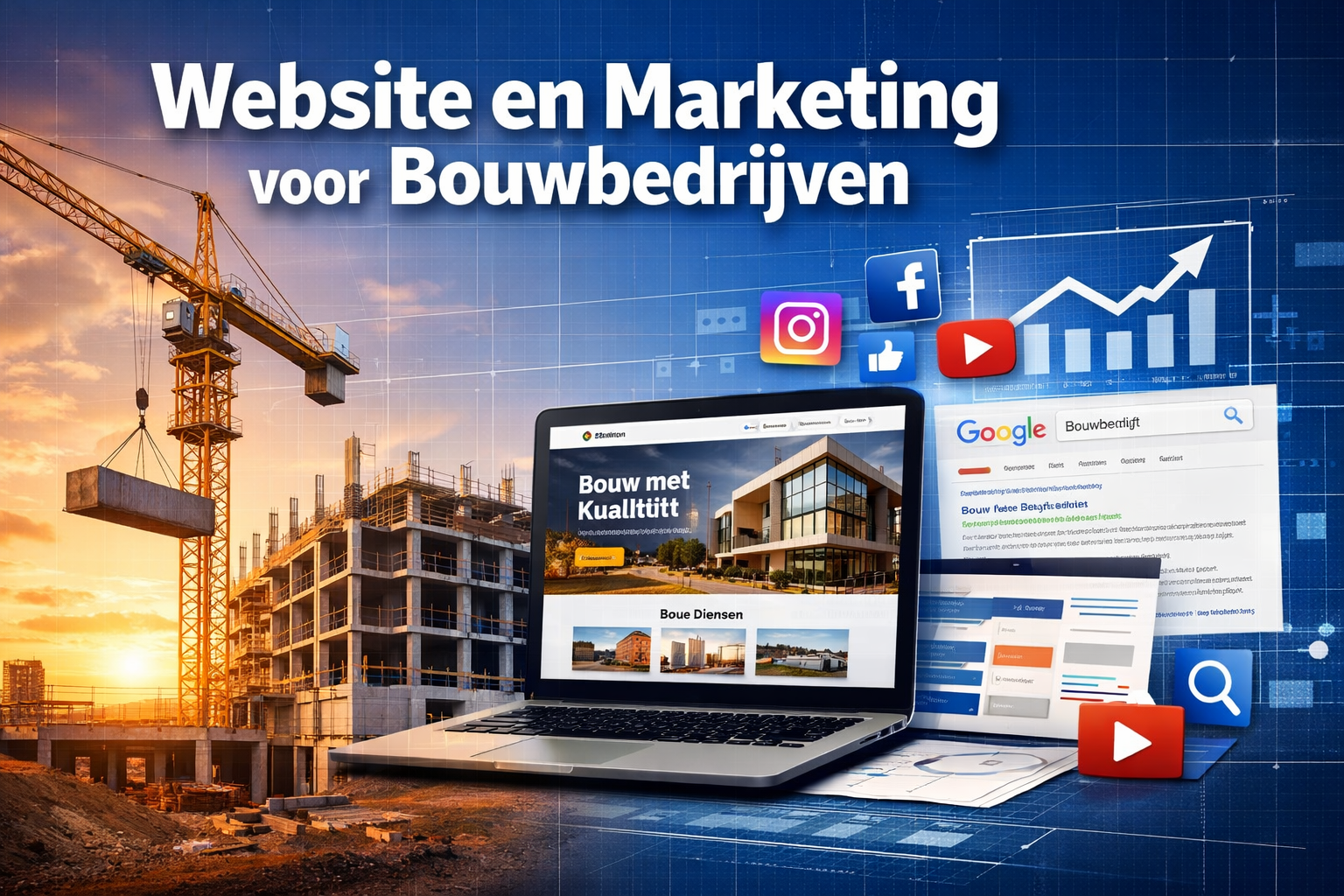 Professional landscape format (1536x1024) hero image featuring bold text overlay 'Website en Marketing voor Bouwbedrijven' in extra large 72