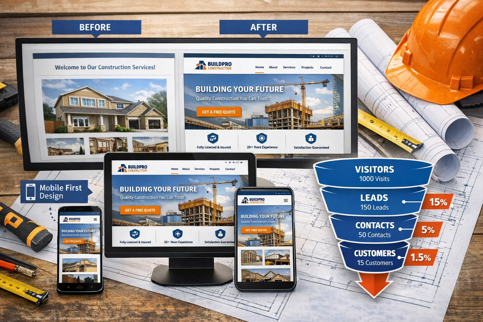 Landscape format (1536x1024) showing modern responsive website design for construction company displayed on multiple devices (desktop, table