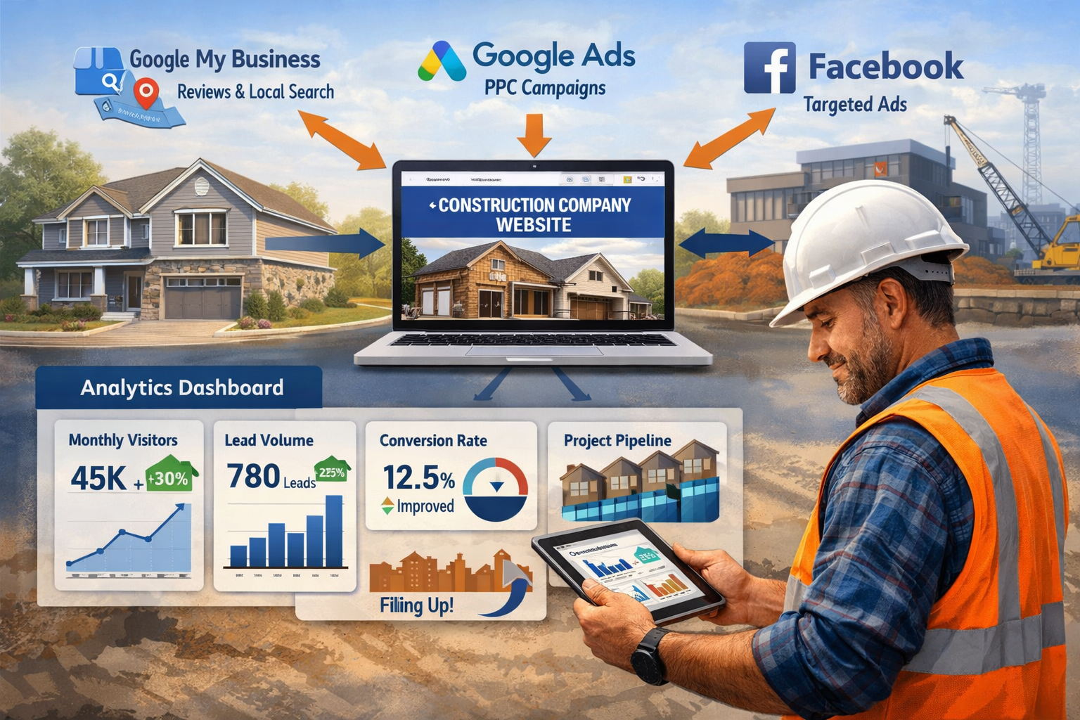Landscape format (1536x1024) showing complete digital marketing ecosystem for construction company: central hub of professional website conn