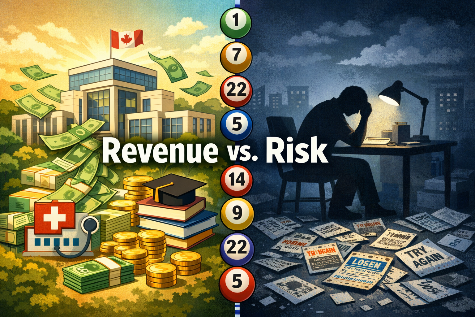 Detailed () editorial illustration showing a split-scene composition: on the left side, a bright modern Canadian provincial