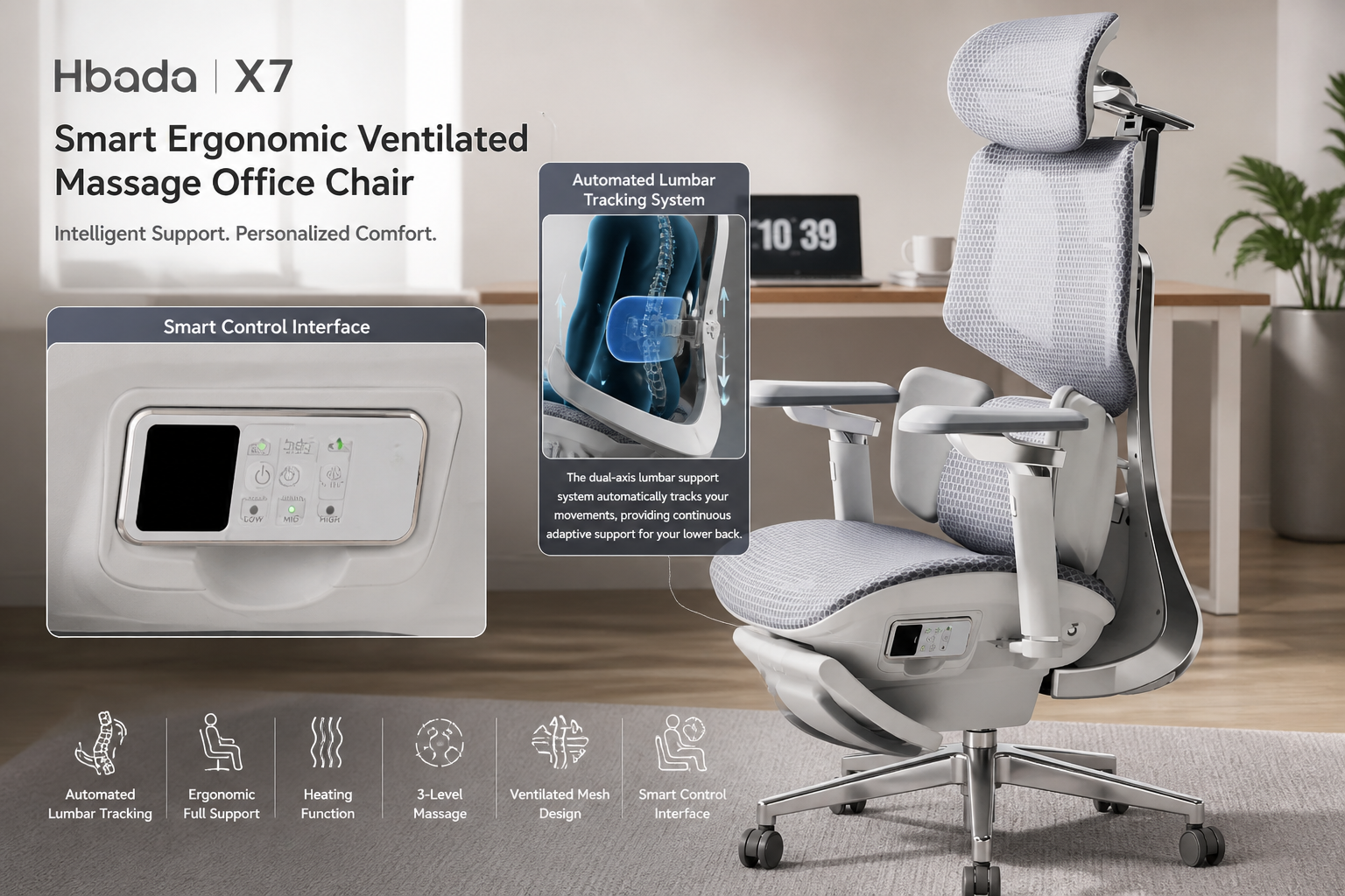 Detailed showcase of Hbada X7 Smart Ergonomic Ventilated Massage Office Chair highlighting its automated lumbar tracking