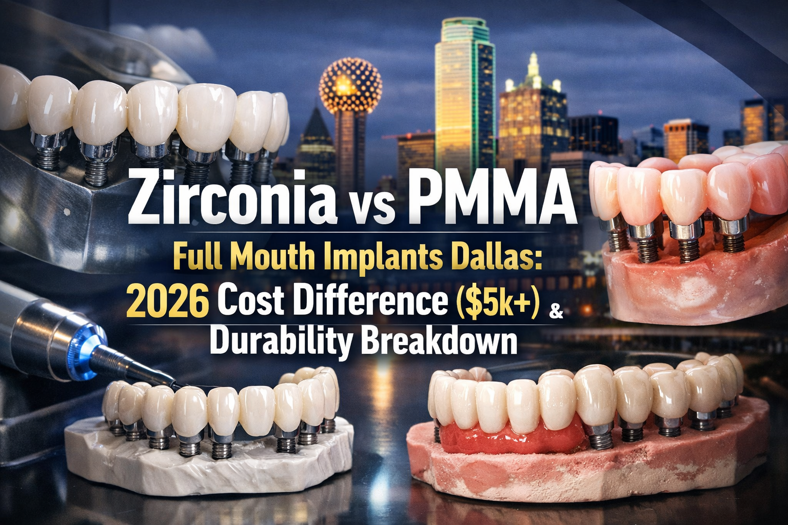 Professional landscape hero image (1536x1024) with bold text overlay: "Zirconia vs PMMA Full Mouth Implants Dallas: 2026 Cost Difference ($5