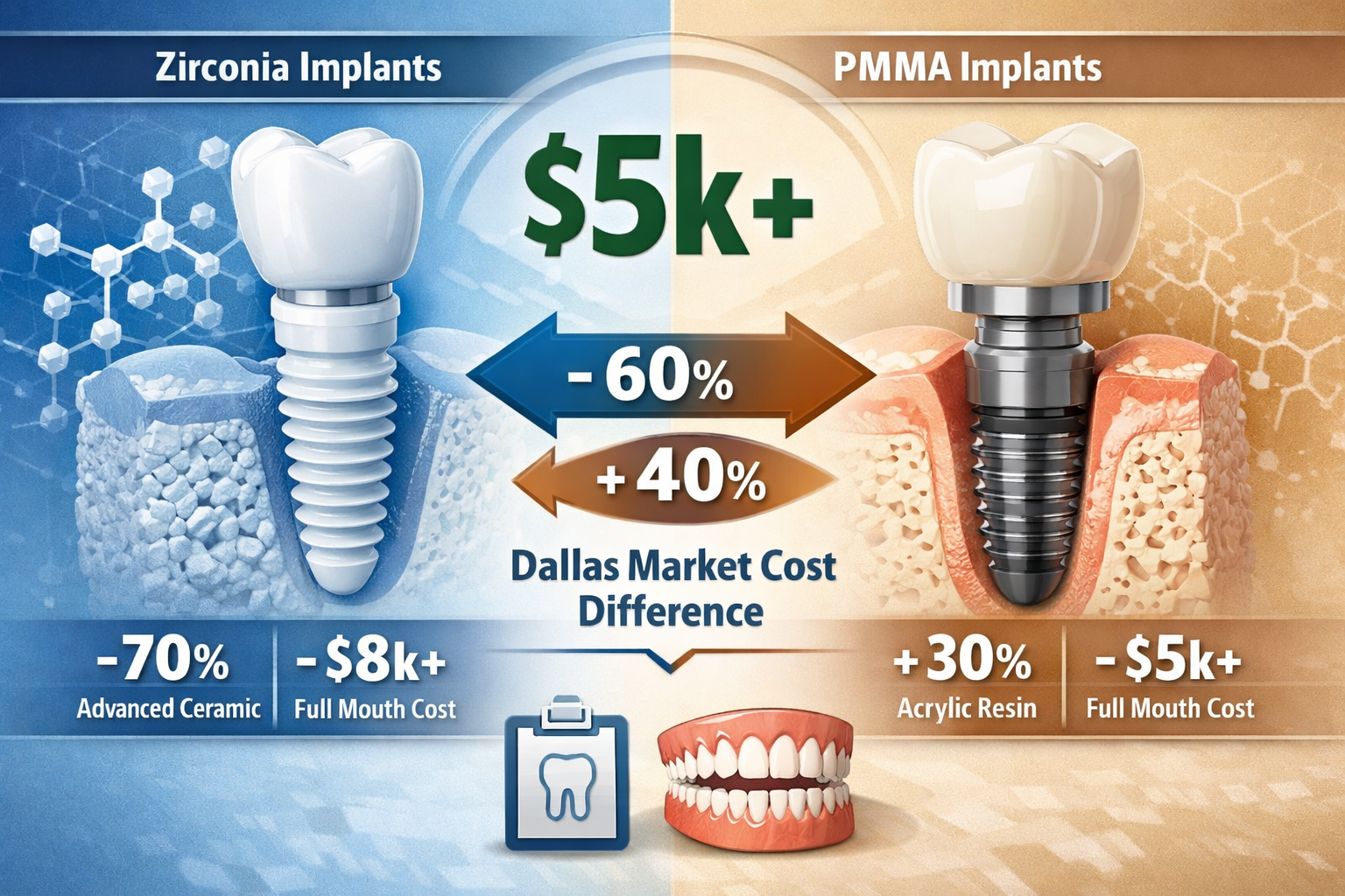 Key visual for 'Key Takeaways' section: Infographic-style landscape image comparing Zirconia and PMMA dental implants, featuring split-scree