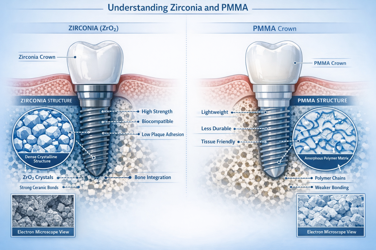 Detailed medical illustration for 'Understanding Zirconia and PMMA' section: Macro-level cross-sectional view of dental implant materials, s