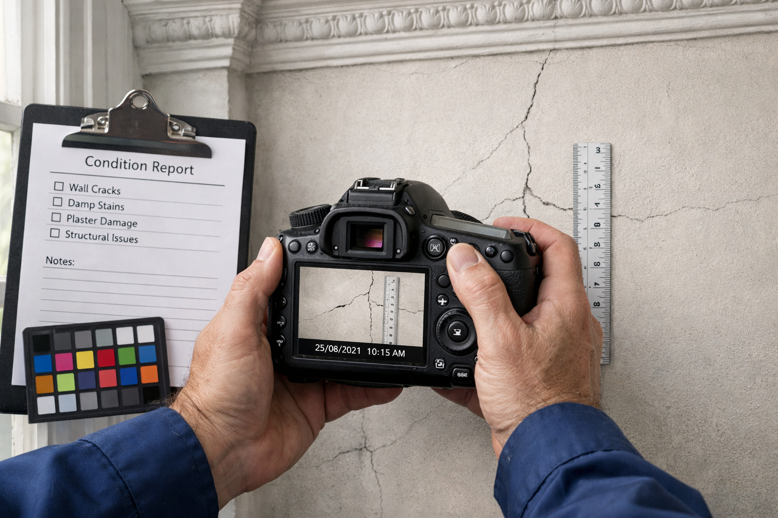 () detailed image showing professional surveyor's hands holding high-resolution DSLR camera photographing interior wall