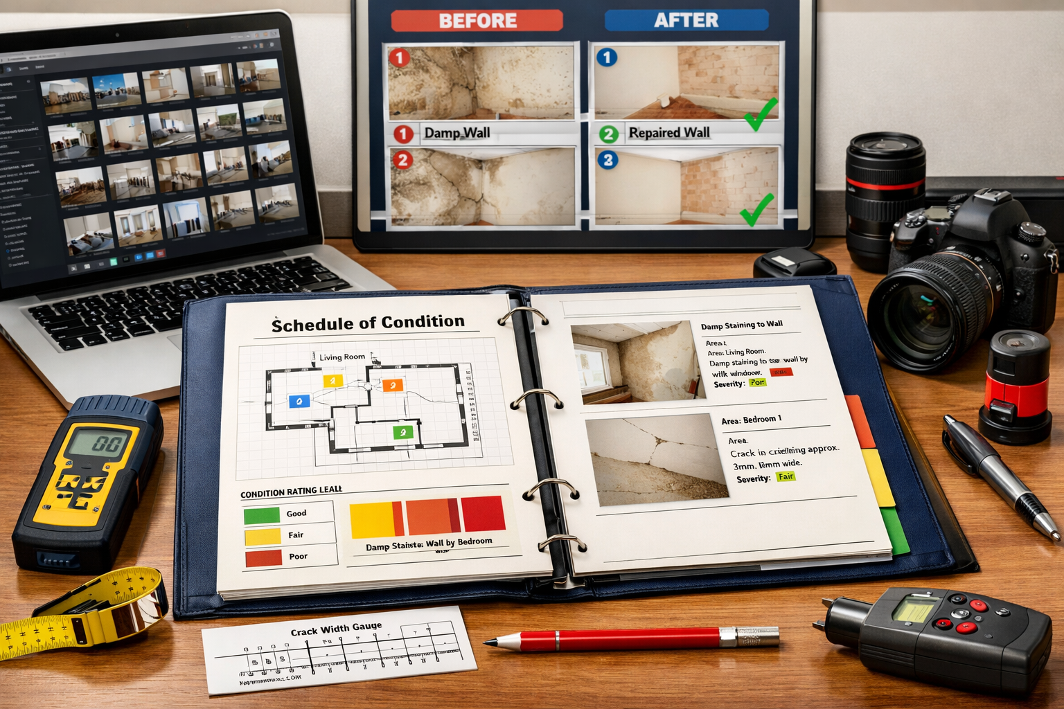 () image depicting organized documentation workflow on large desk surface. Central focus shows open Schedule of Condition