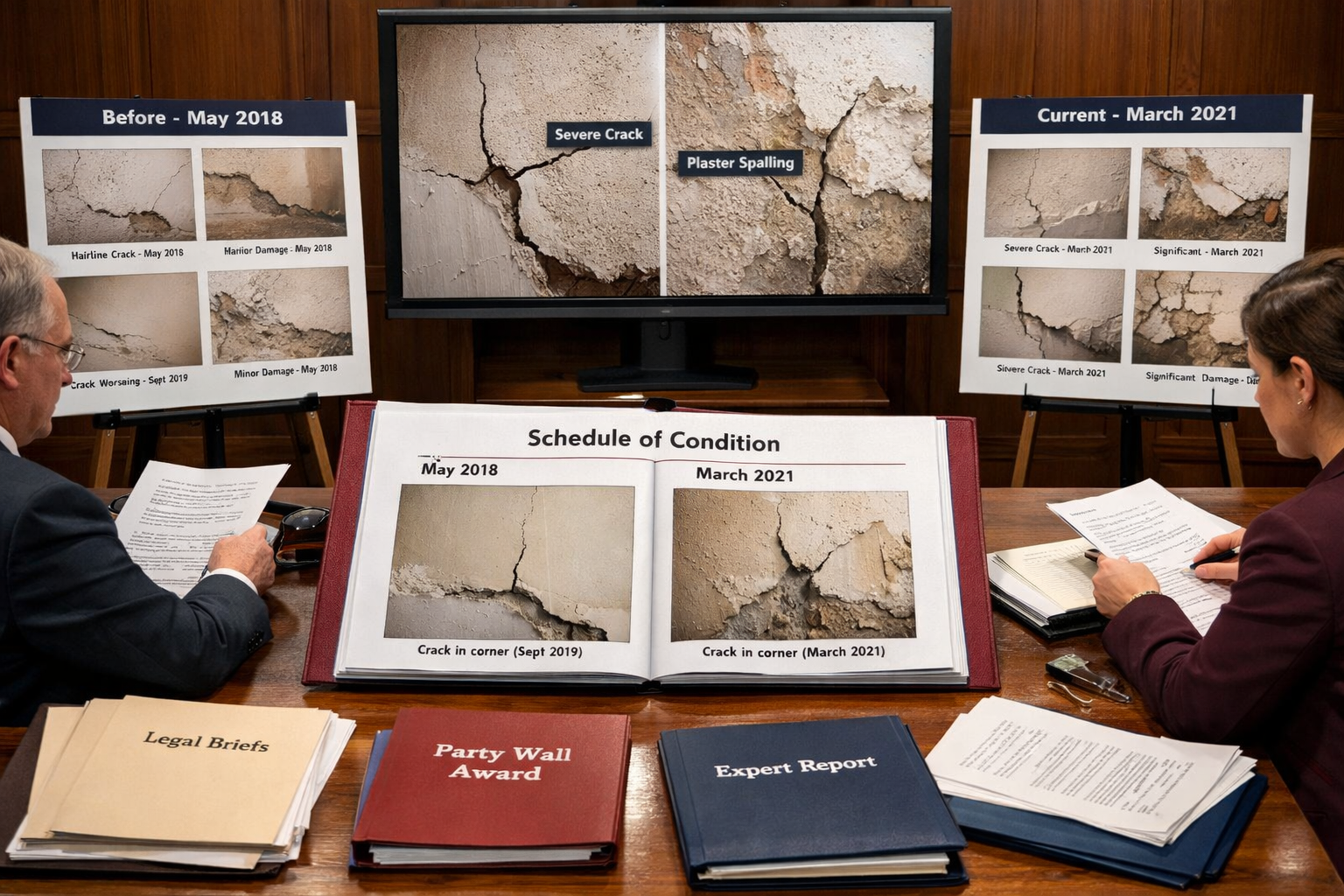 () courtroom or legal consultation setting showing party wall dispute evidence presentation. Central table displays