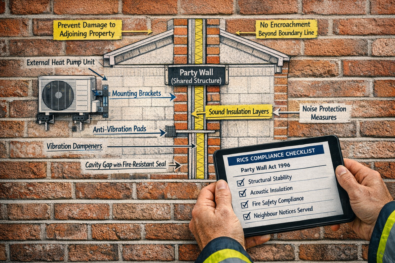 Detailed () editorial image showing close-up of UK terraced house party wall cross-section diagram overlaid on actual brick