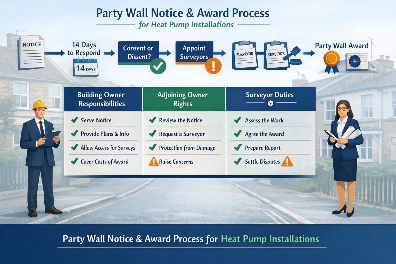 Comprehensive () infographic-style image displaying party wall notice and award process flowchart for heat pump