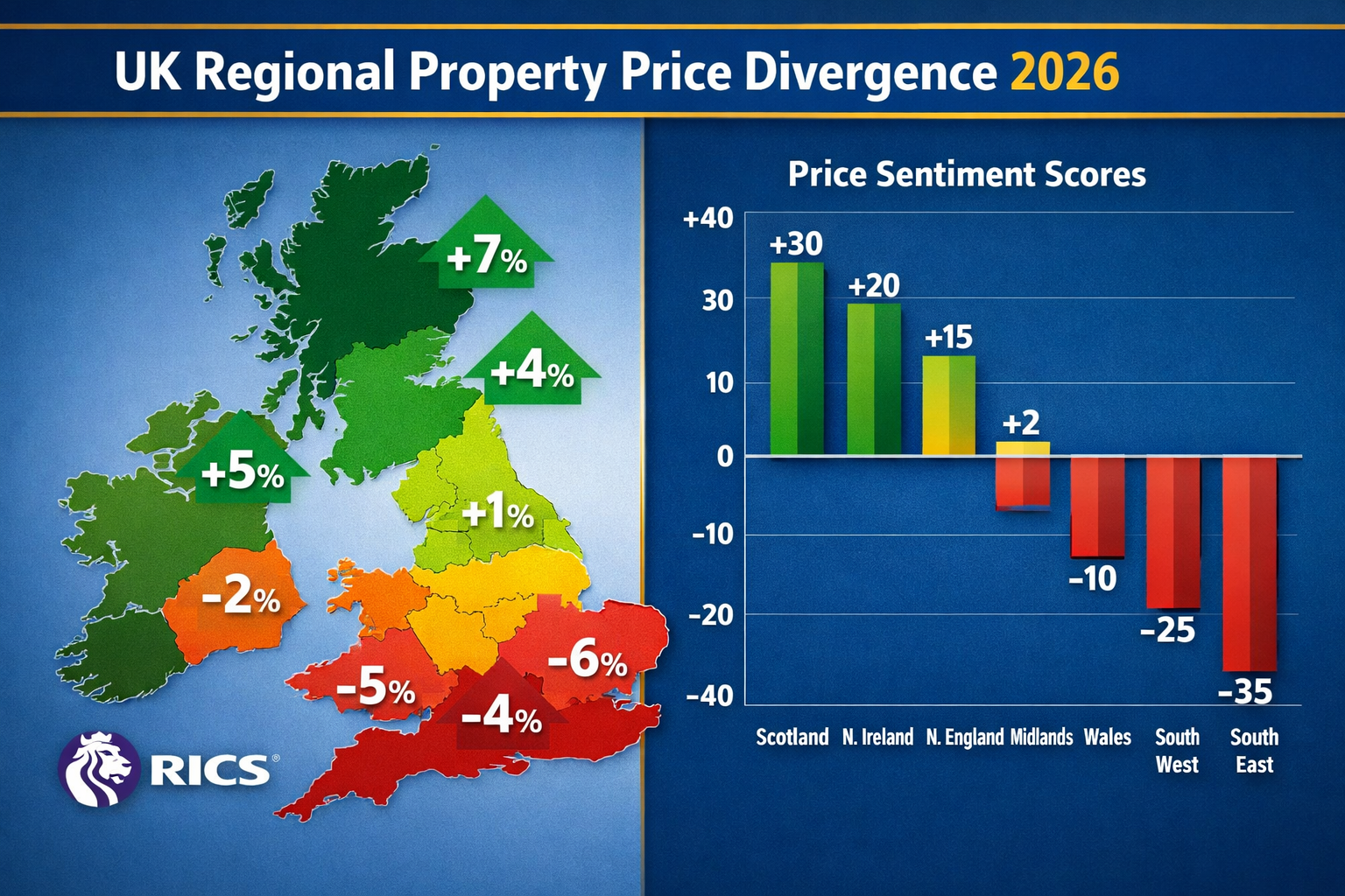 () detailed infographic showing UK regional property price divergence map for 2026, with Northern England, Scotland, and