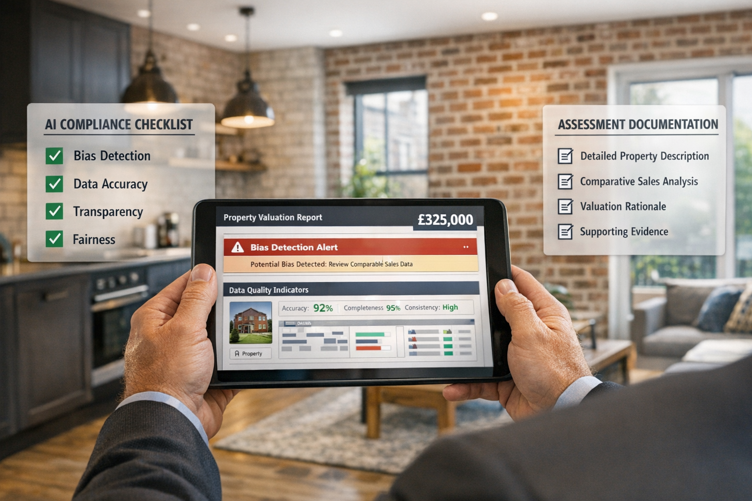 () professional photograph of RICS chartered surveyor using tablet device with AI-powered valuation software interface