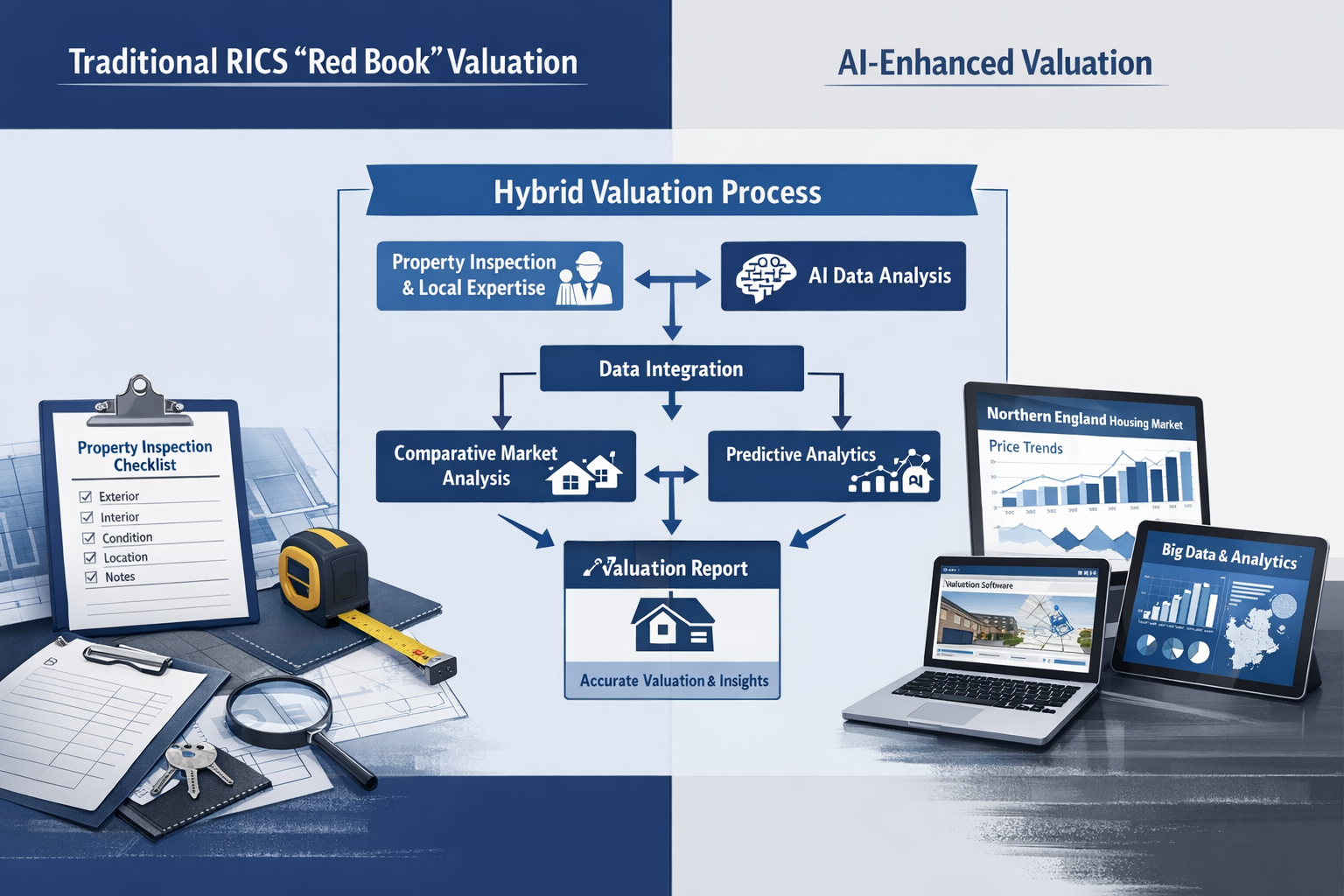 () detailed comparison chart showing traditional RICS Red Book valuation methodology versus AI-enhanced approaches for