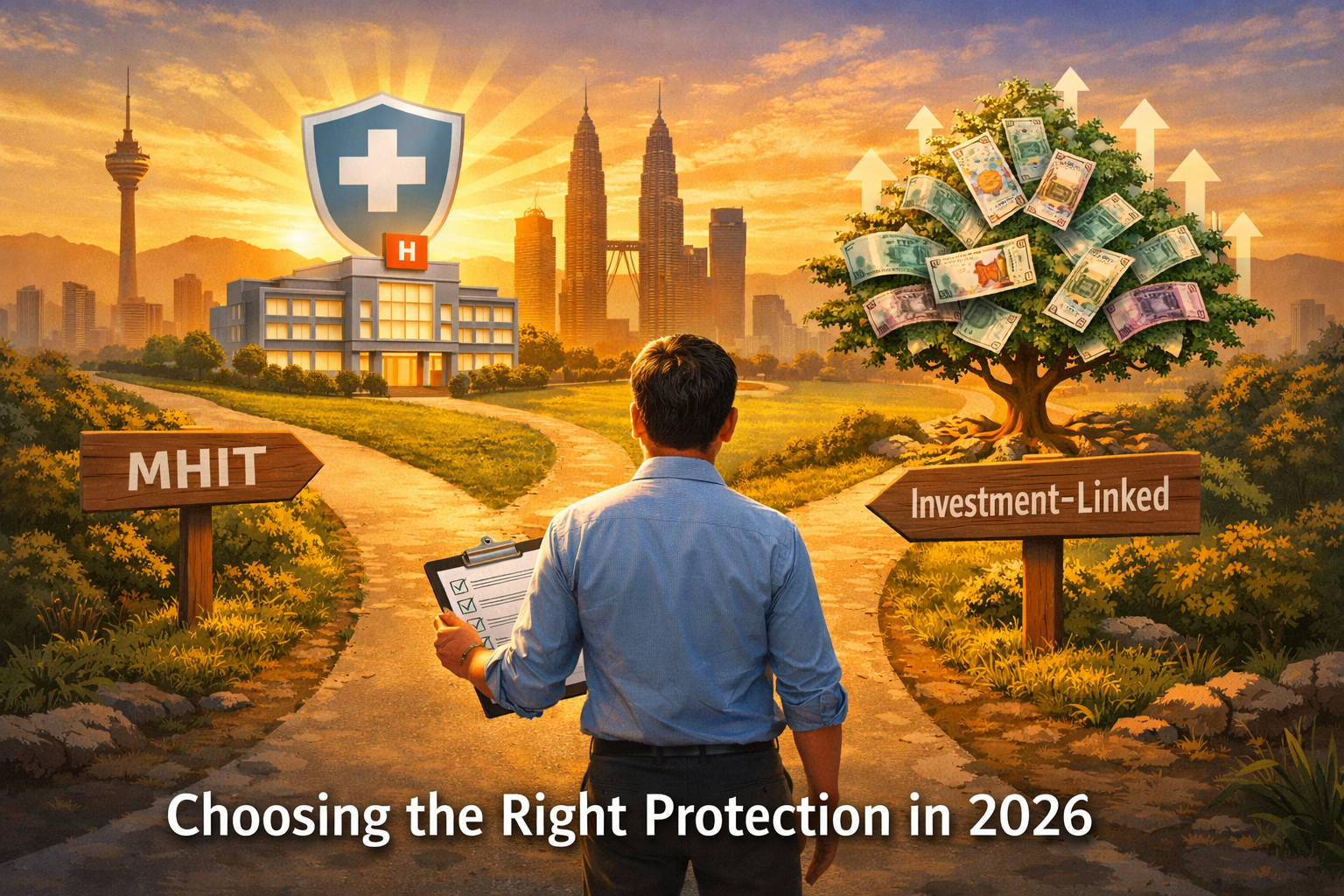 Detailed landscape format (1536x1024) conceptual illustration showing a Malaysian adult standing at a crossroads decision point. One path la