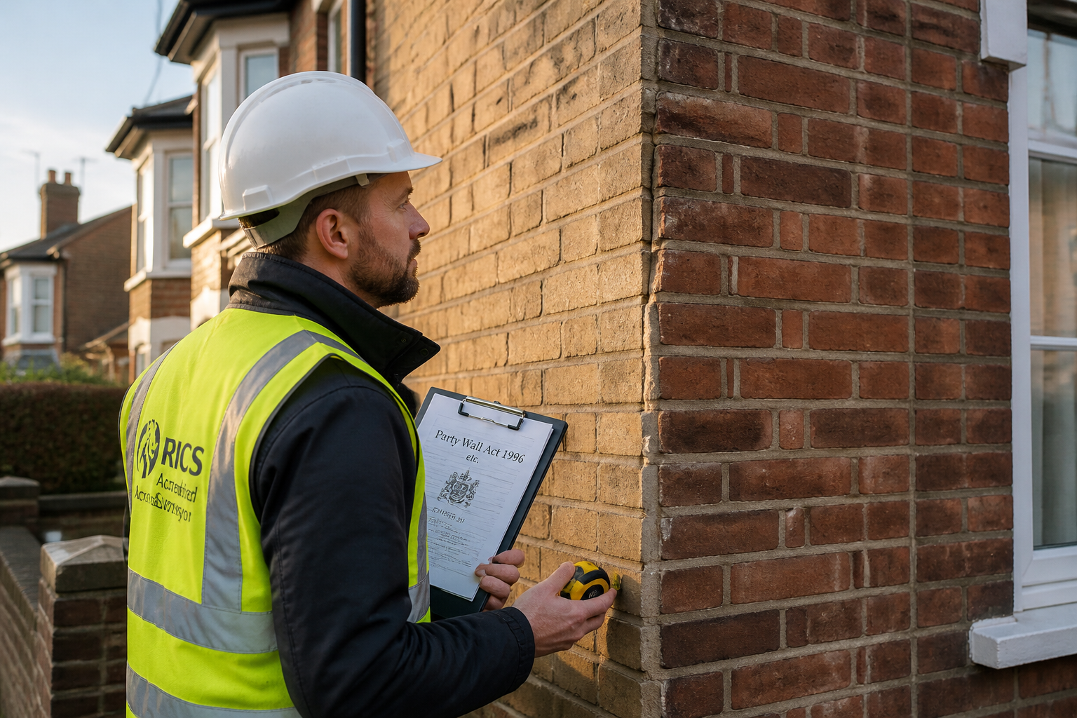 Wide-angle editorial photograph of a professional RICS-accredited surveyor in a hard hat and hi-vis vest examining a brick