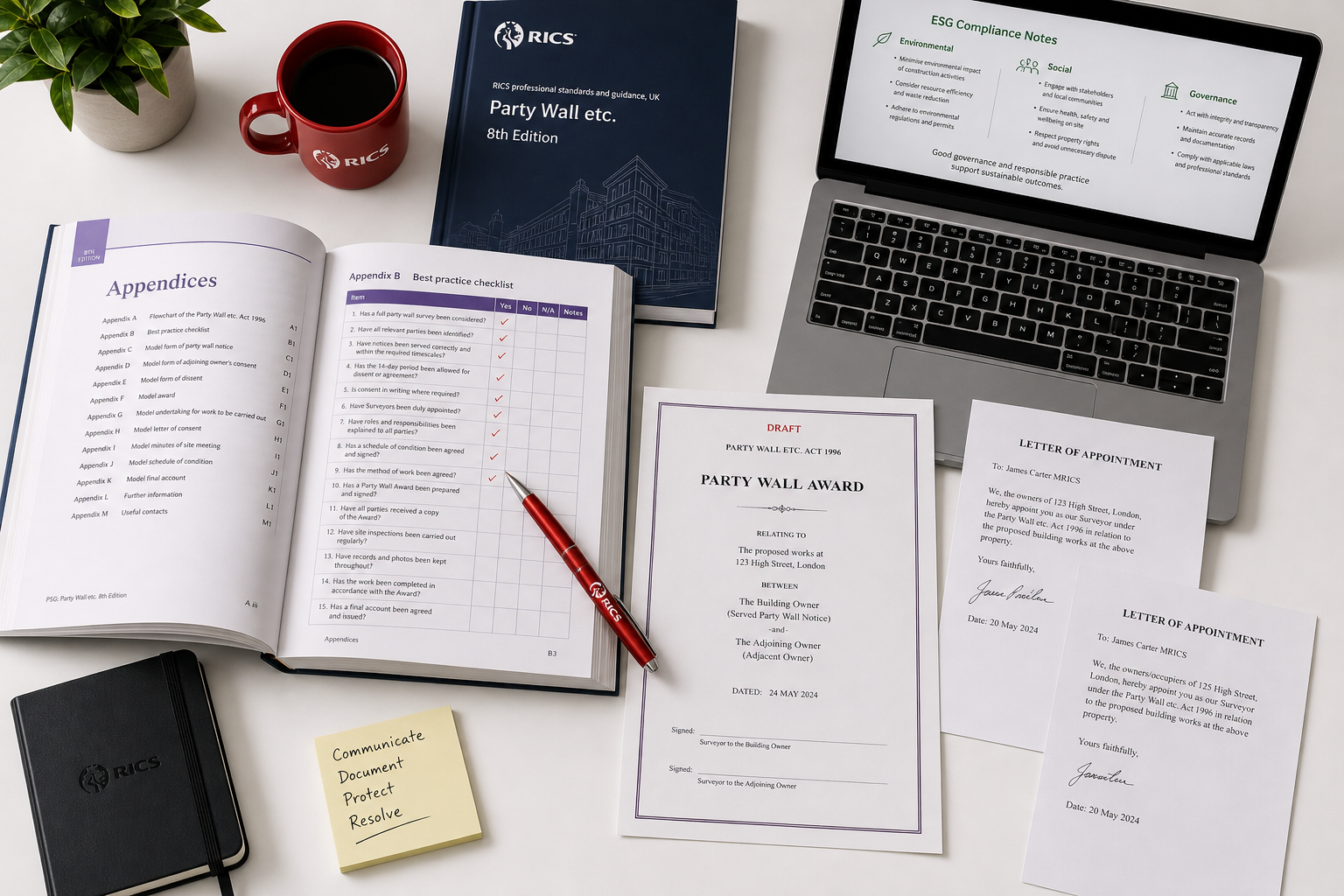 Flat-lay overhead shot of a professional surveyor's desk showing the RICS 8th Edition Party Wall guidance document open to