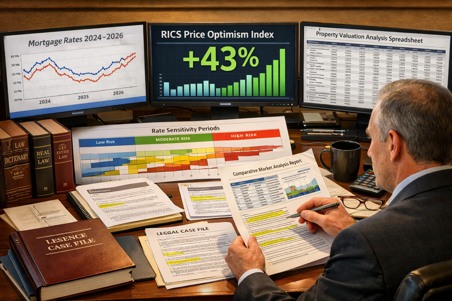 () detailed visualization showing expert witness preparation workspace with multiple monitors displaying mortgage rate