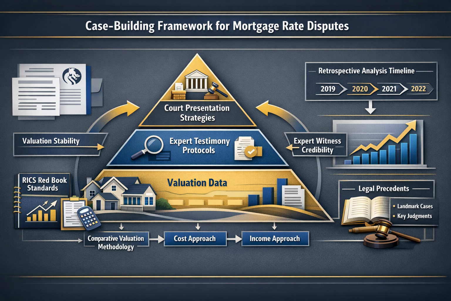 () comprehensive infographic-style image displaying case-building framework for mortgage rate disputes. Visual elements